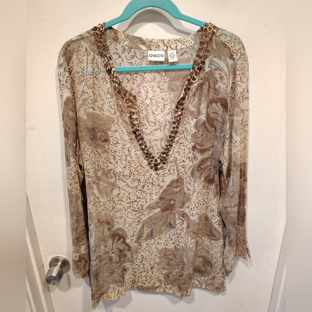 Chico's Tan Floral Sheer 100% Silk Beaded Neck Tunic Top Sz 3 (XL) Lightweight